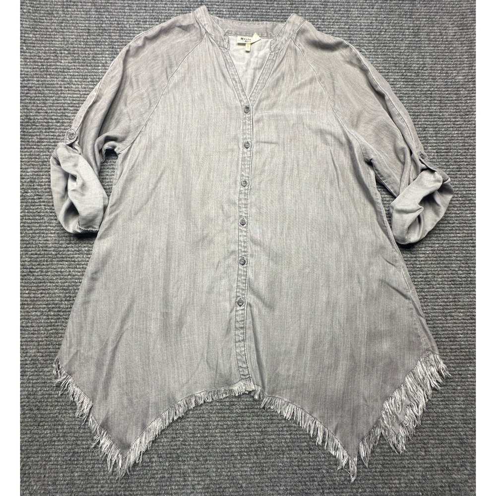 Hester & Orchard Tunic Women Medium Gray Fringed Sharkbite Hem Button Up Tencel